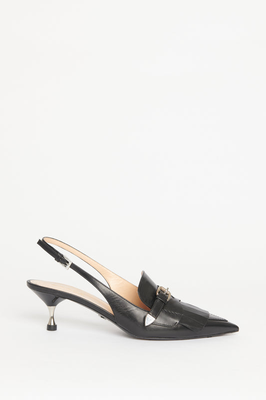 Black Leather Preowned Sling back Heels