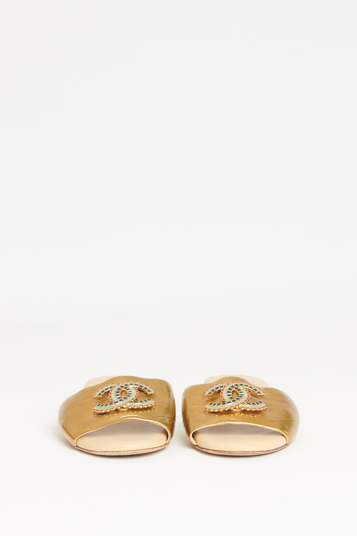 Gold Metallic Leather Preowned Slip On CC Sandals