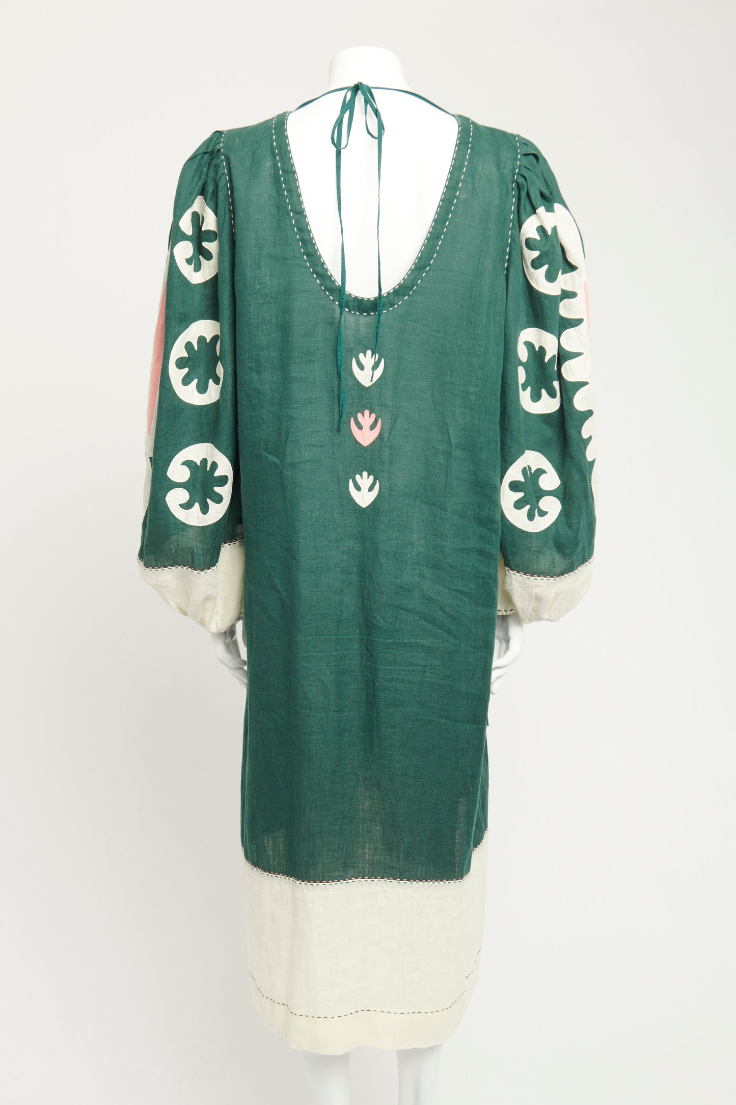 Green Linen Preowned Appliqué Belted Maxi Dress