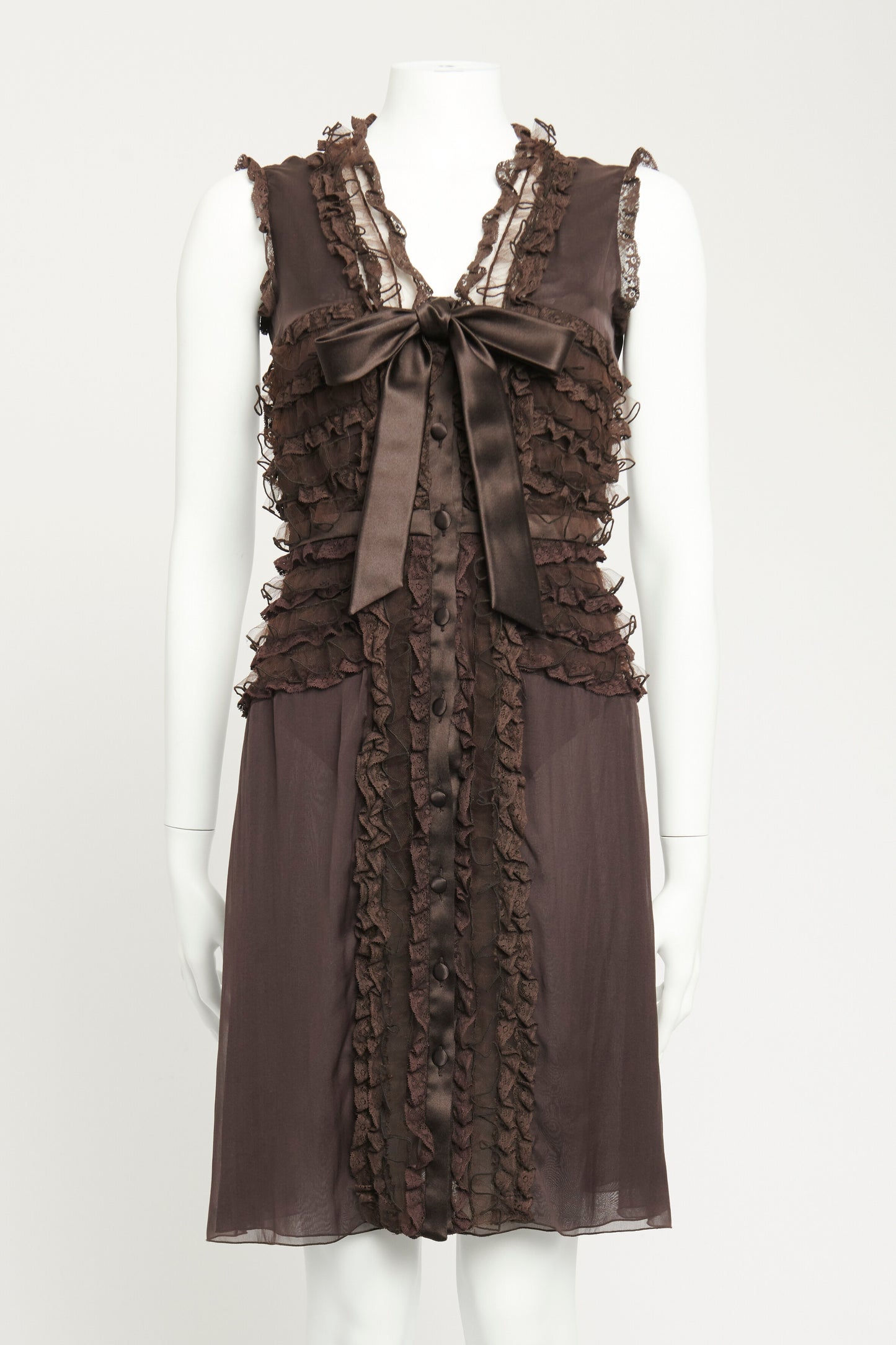 2000's Brown Silk Preowned Lace Ruffled Mini Dress