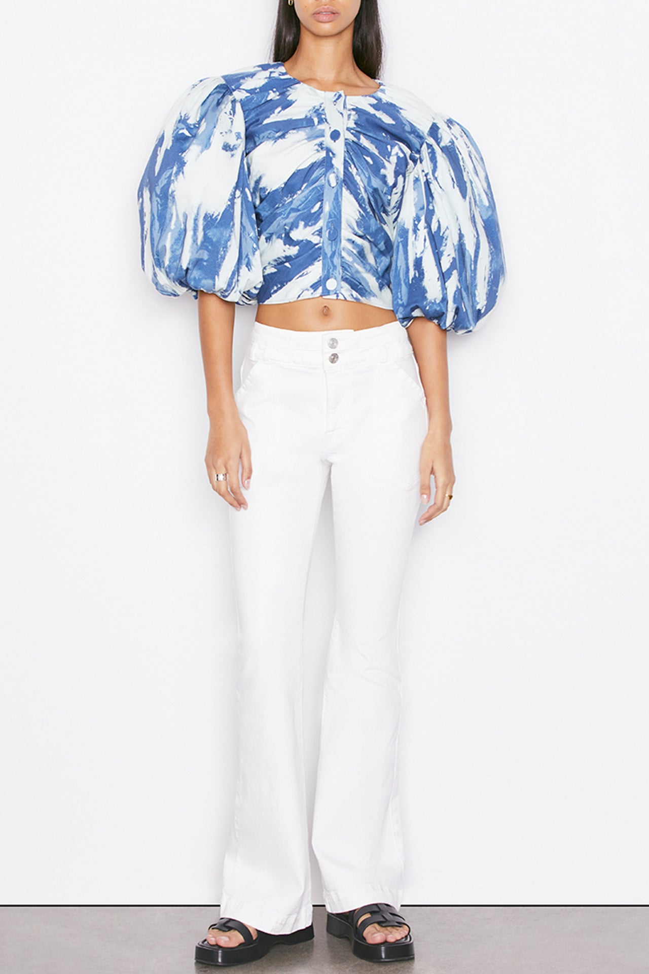 Blue and White Gathered Puff Sleeve Top