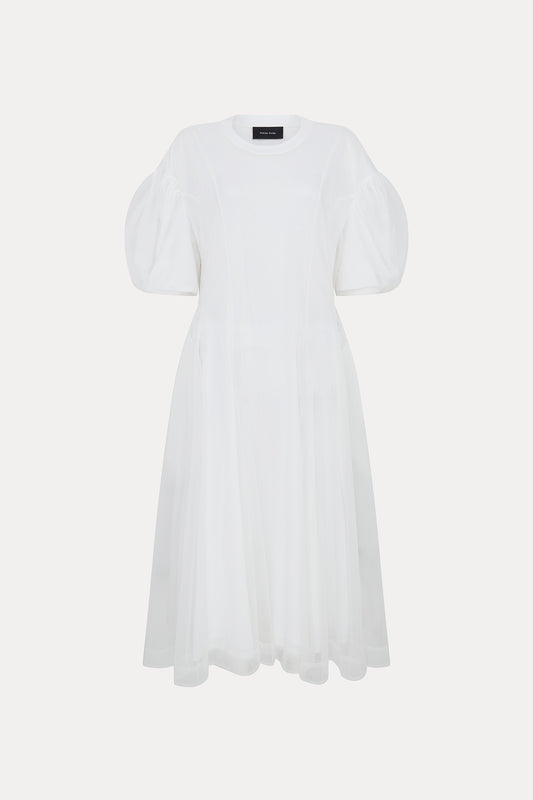 White Tuelle Overlay Sculpted Dress