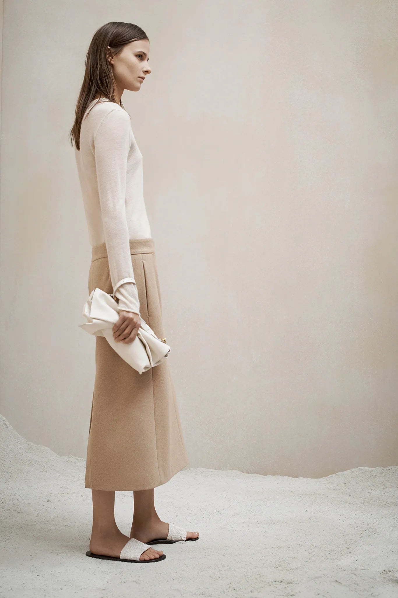 2015 Beige Wool Blend Preowned Midi Skirt