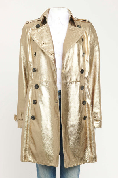 Gold Lambskin Preowned Double Breasted Trench Coat
