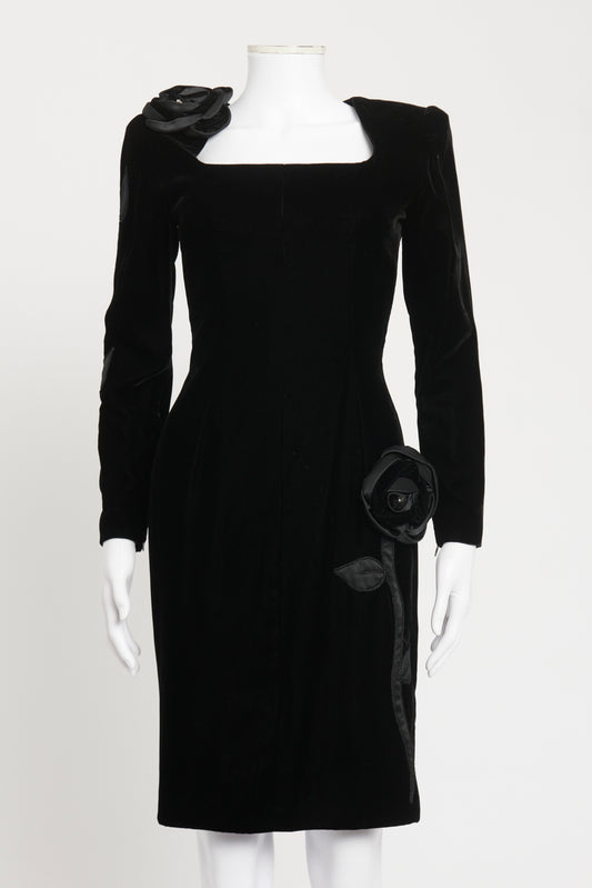 1980's Black Velvet Preowned Floral Applique Mini Dress