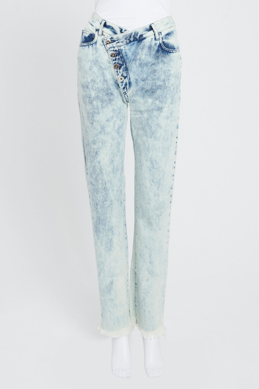 Blue Acid Wash Straight Leg Jeans With Stepped Waistband Reluxe Fashion