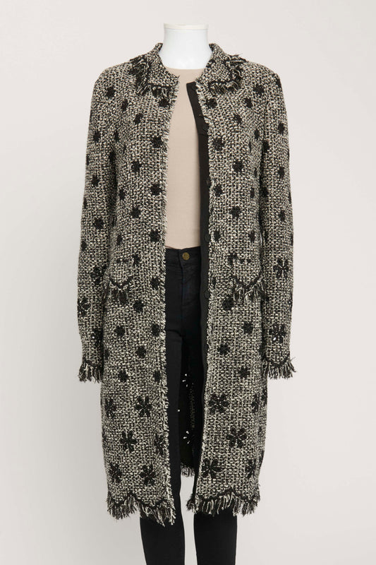 Black and White Tweed Preowned Coat with Floral Embroidery