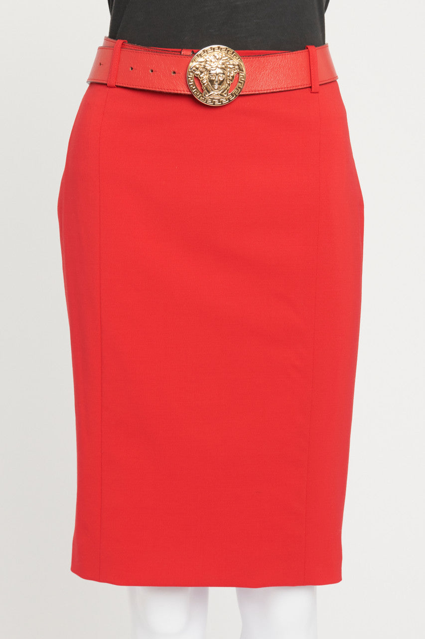 Red Knee Length Pencil Skirt With Belt Reluxe Fashion