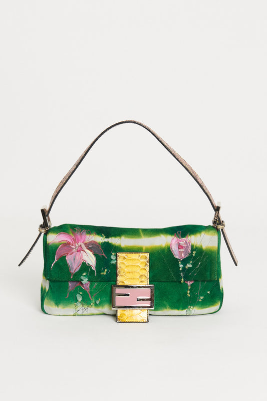 2004 Floral Suede Embroidery Preowned Baguette Shoulder Bag