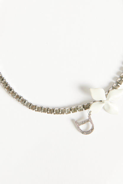 2000's Galliano Silver Metal Preowned Crystal and Enamel Flower Choker Necklace