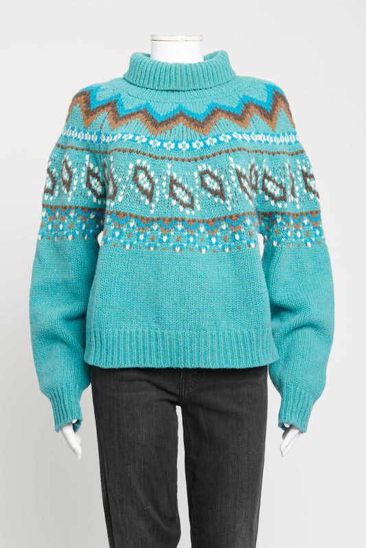 Teal Blue Wool Preowned High Neck Paisley Jumper