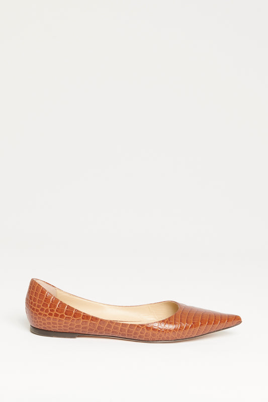 Brown Leather Croc Embossed Preowned Love Flats
