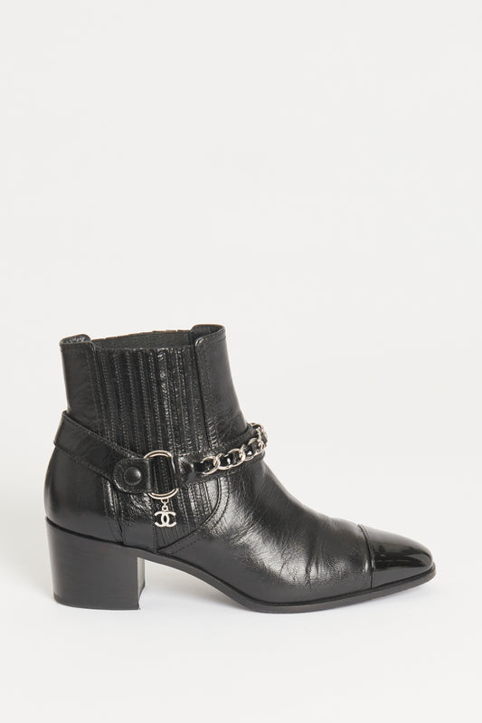 Black Leather Preowned Chain-link Chelsea Ankle Boots