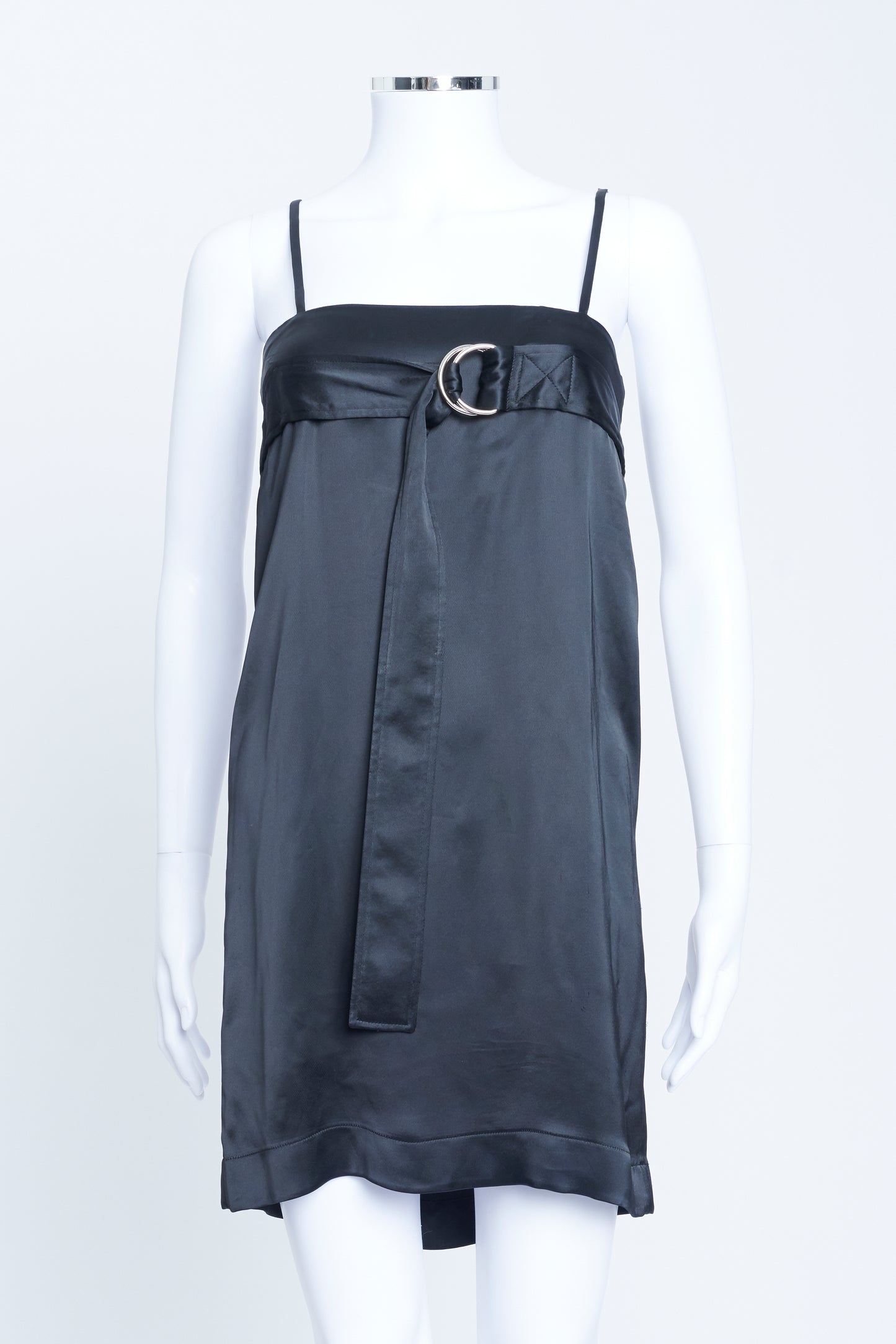 Black Satin Effect Mini Dress with D-Ring Belt