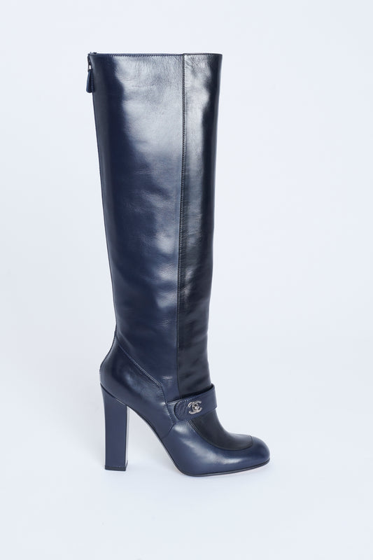 Navy and black leather Preowned Knee High Heeled Boots