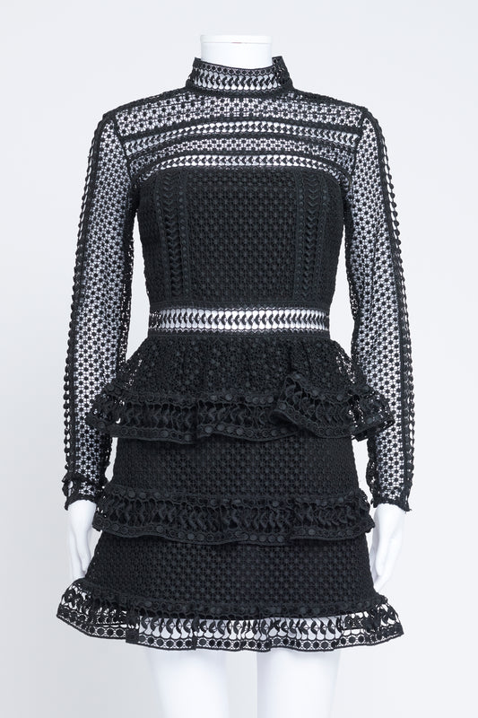 Black Tiered Giupure Lace Mini Dress