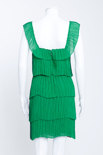Two Tone Green Tiered Mini Dress With Velvet Waistband