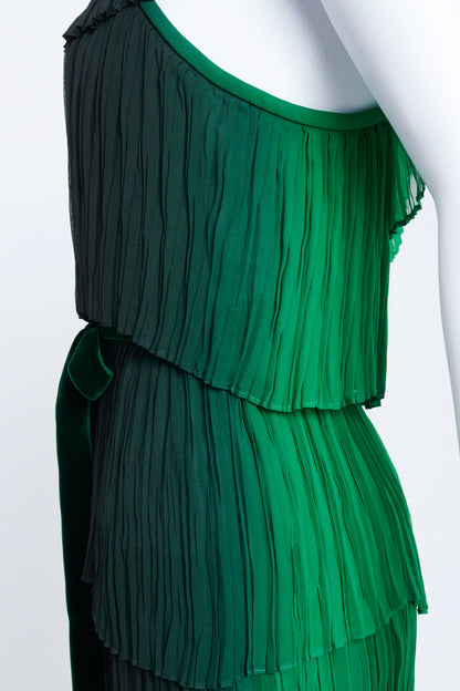 Two Tone Green Tiered Mini Dress With Velvet Waistband