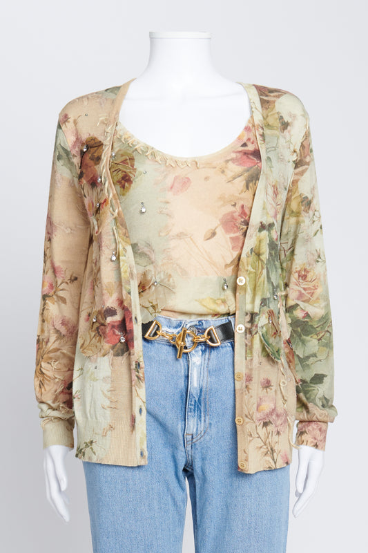 Green Floral Cardigan And Cami Top Preowned Set