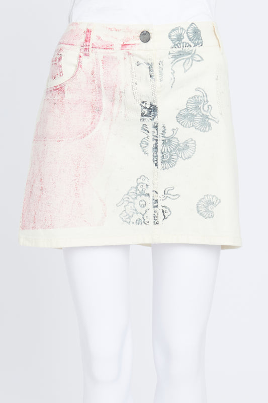 Cream Wool Mini Skirt With Faded Print
