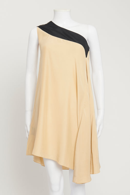 Light Beige Silk Off-Shoulder Mini Dress with Contrast Navy Top Band