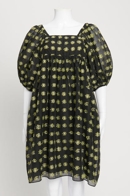 Black Mini Dress With Yellow Flower Embroidery