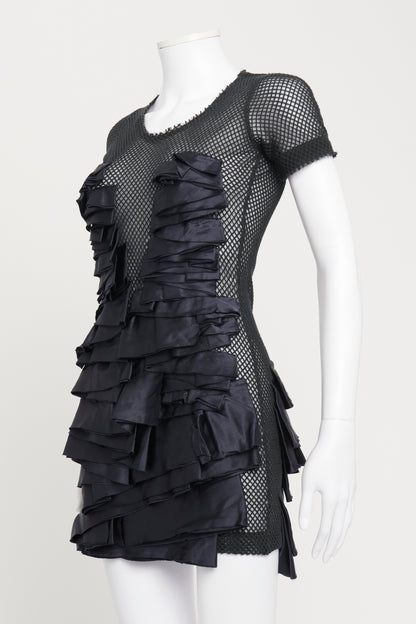 Black Fishnet Mini Dress with Navy Satin Ruffled Detailing
