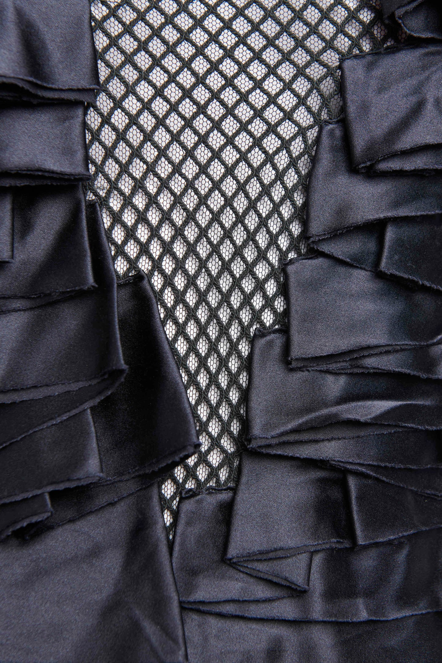 Black Fishnet Mini Dress with Navy Satin Ruffled Detailing