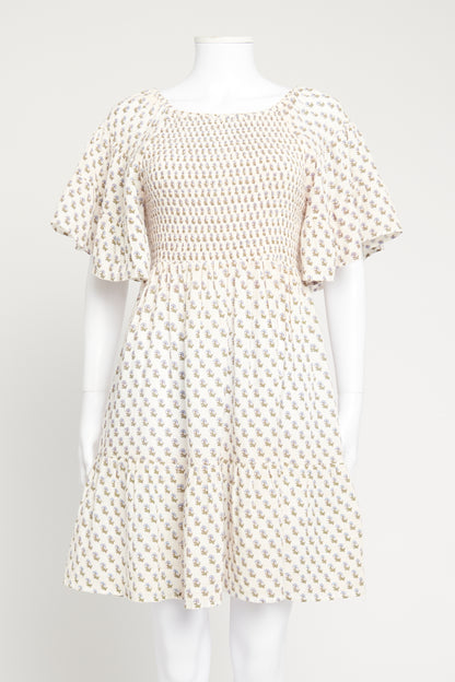Cream Block Print Soraya Smocked Mini Dress