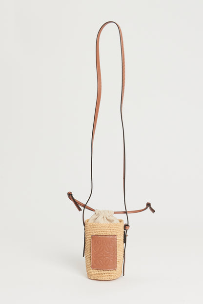 Natural Raffia And Leather Mini Preowned Bucket Bag