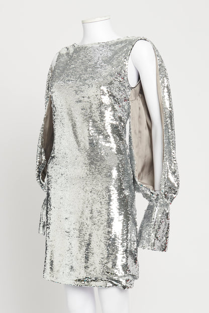 Silver Sequin Cut-Out Balloon Sleeve Preowned Mini Dress