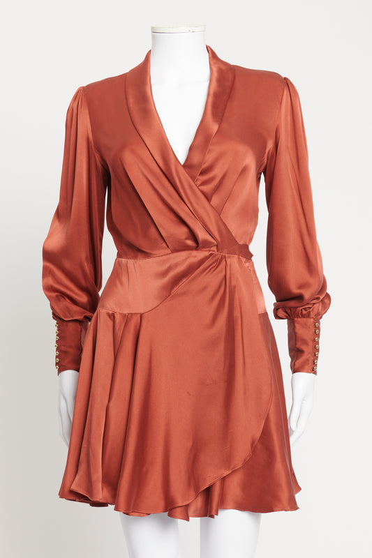 Rust Silk Plunge-Neck Wrap-Over Preowned Mini Dress