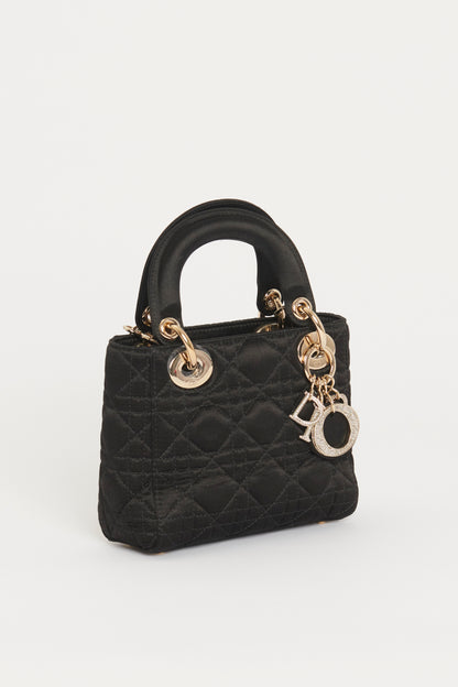 2019 Black Satin Lady Dior Mini Preowned Bag with Swarovski Crystals