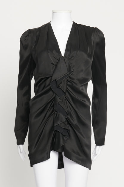 2017 Black Long Sleeve Ruffle Preowned Mini Dress