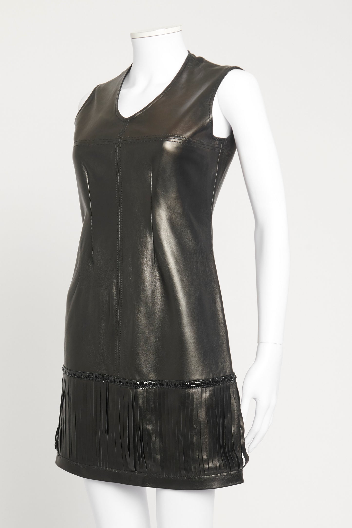 Black Leather Fringed Preowned Mini Dress