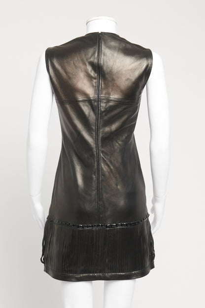 Black Leather Fringed Preowned Mini Dress