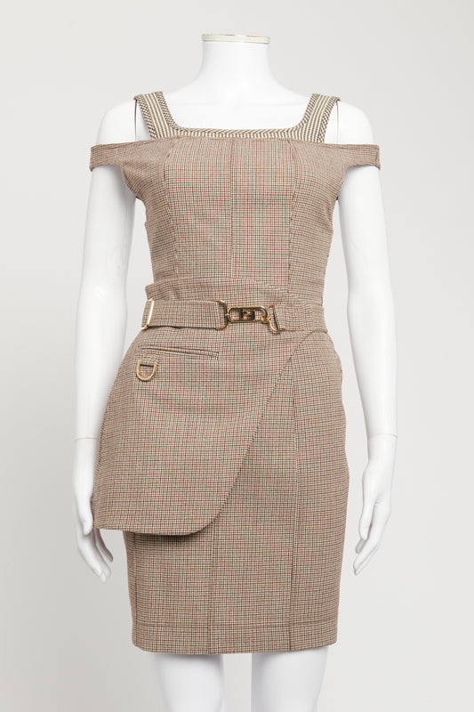 2022 Checkered Wool Preowned Saddle Bib Mini Dress
