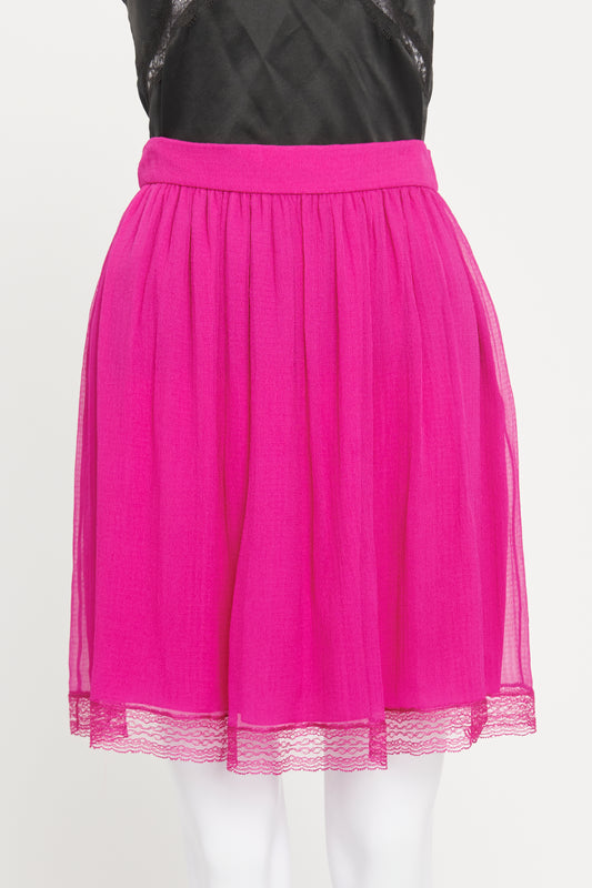 Magenta Silk Mini Skirt With Lace Hem