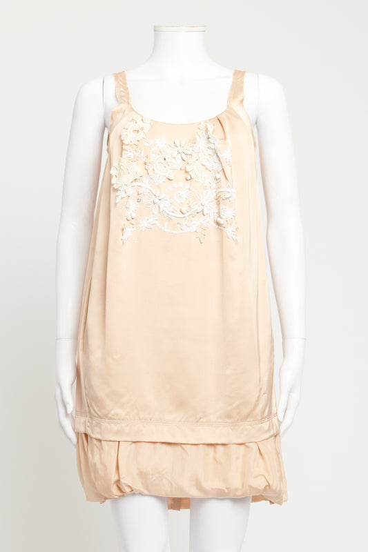 Beige Embroidered Preowned Mini Dress
