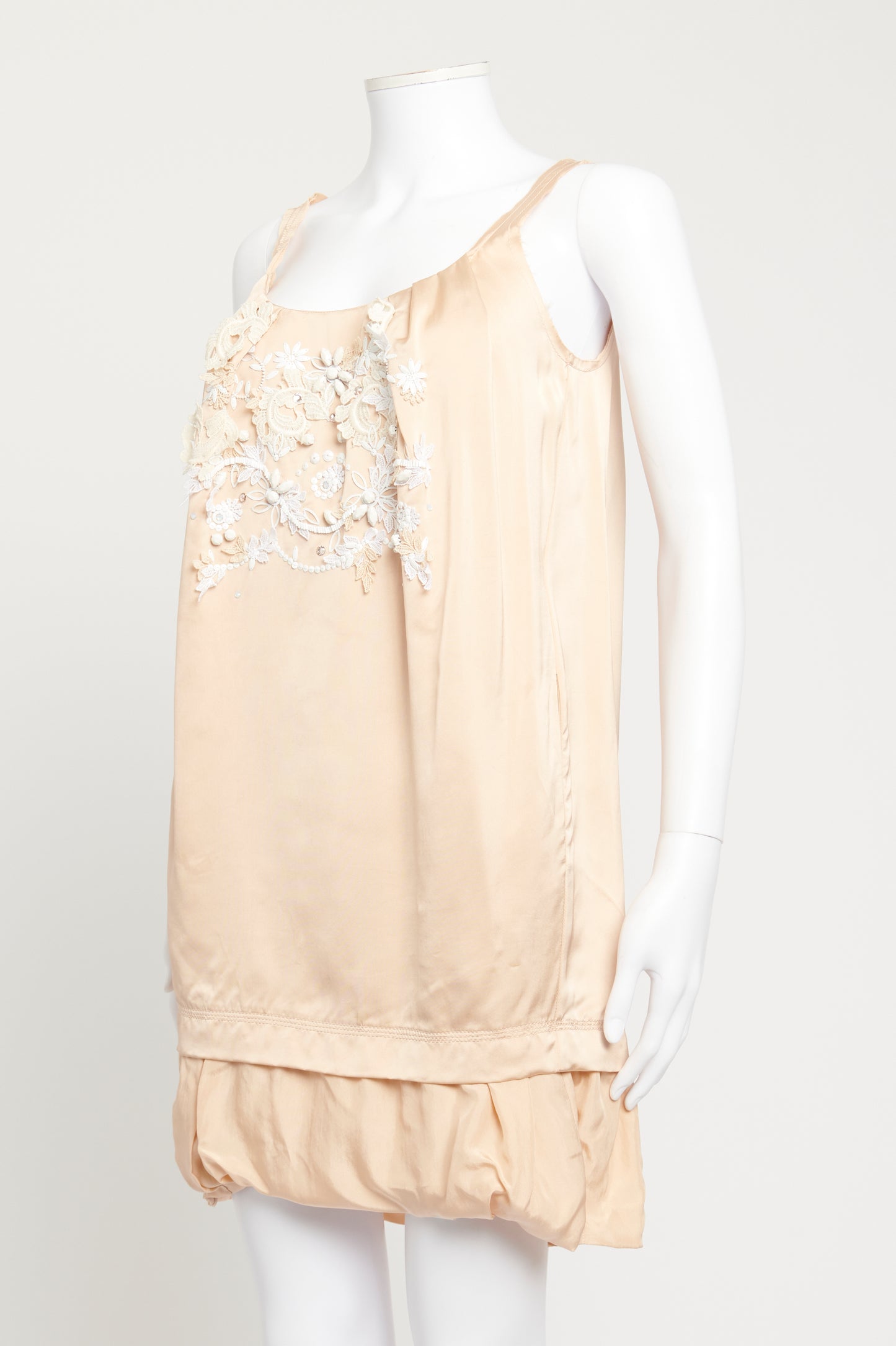 Beige Embroidered Preowned Mini Dress