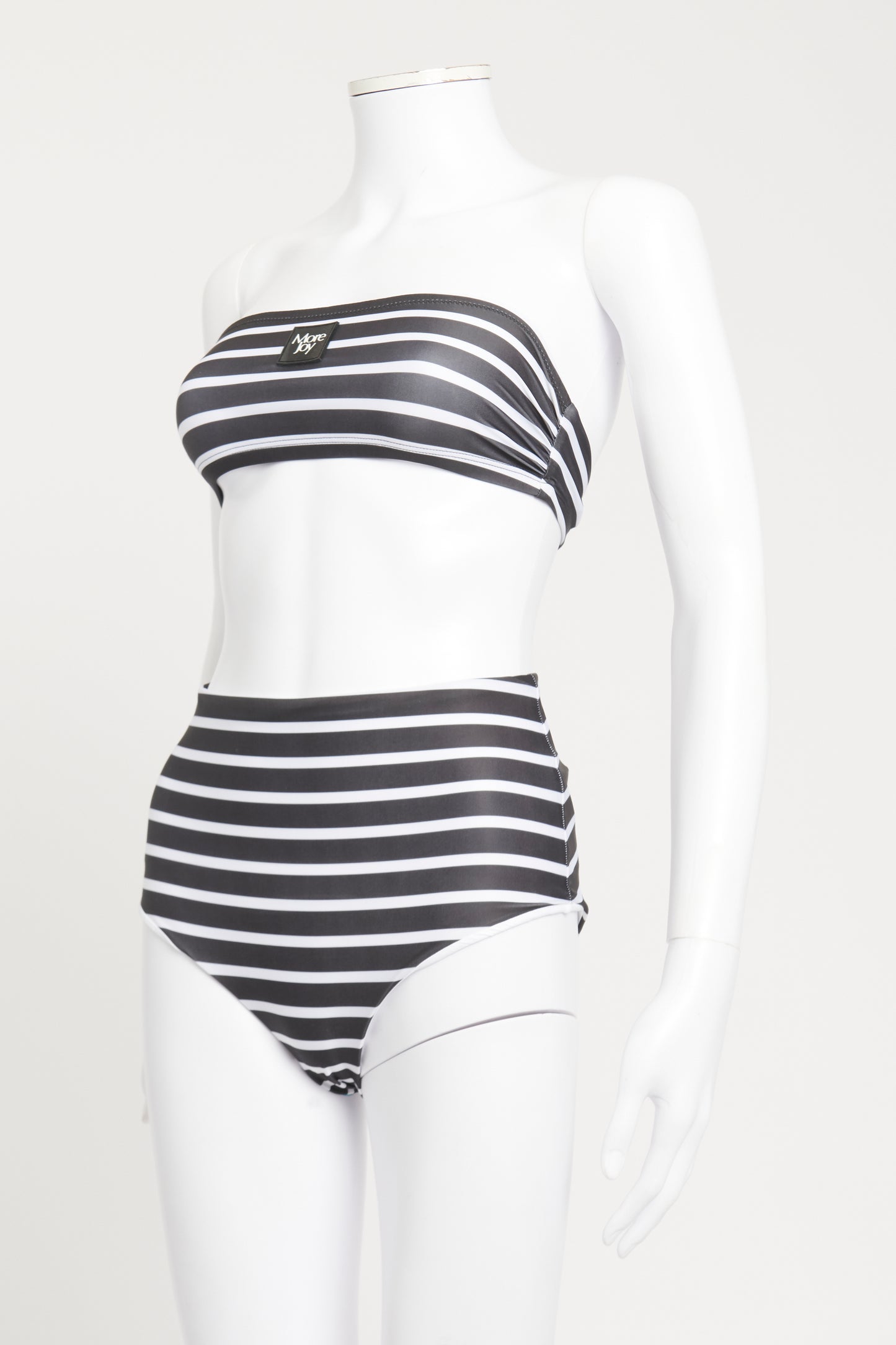 More Joy Black and White Breton High Waist Preowned Bandeau Bikini