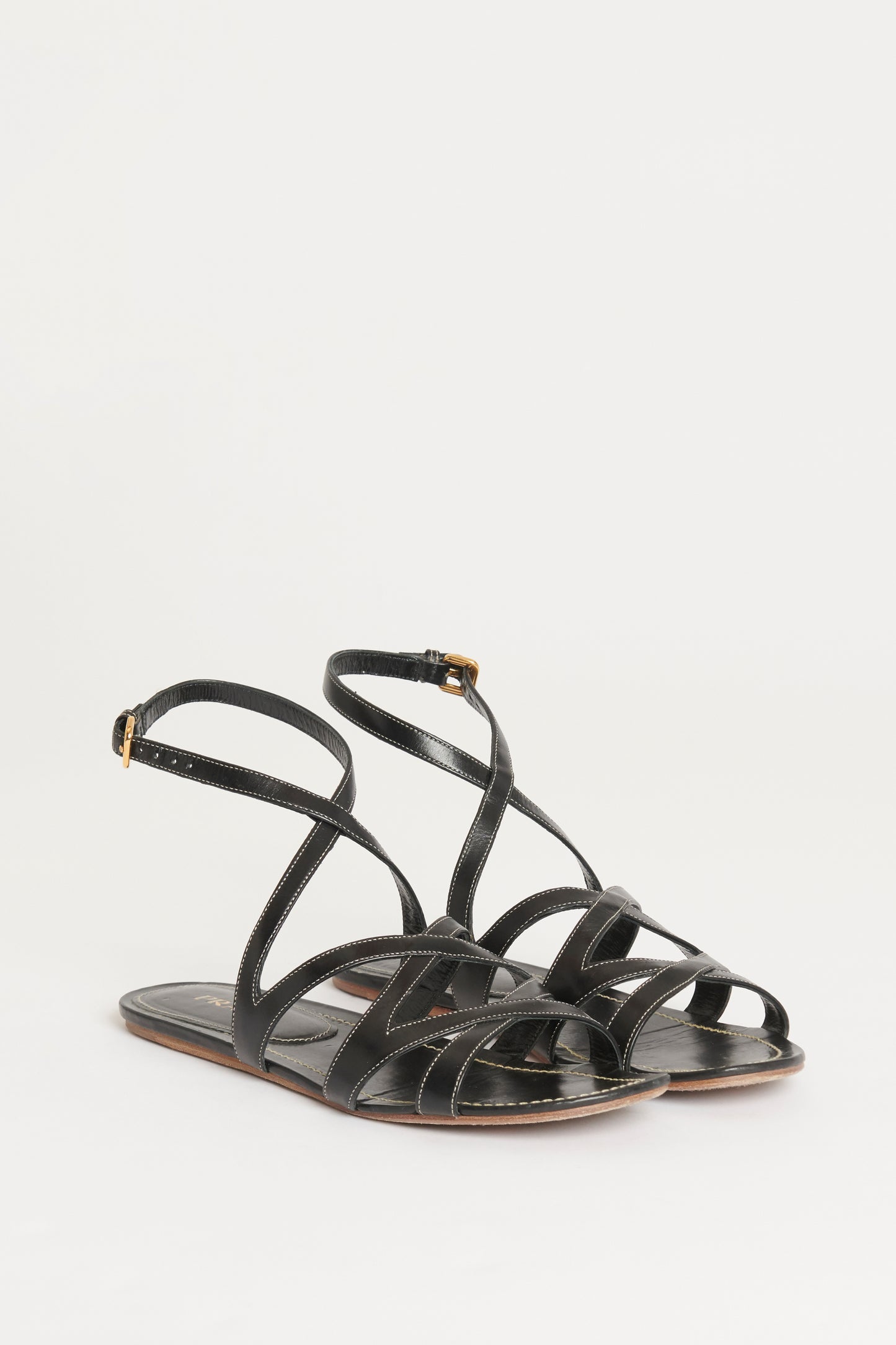 Black Preowned Flat Sandals With Contrasting Stitches