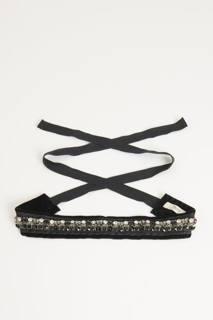 Black Velvet Preowned Belt With Crystal Applique