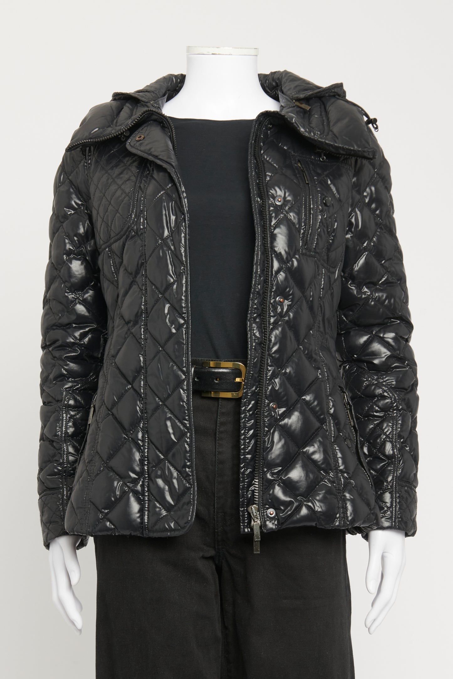 Black Belted Hooded Quilted Preowned Down Jacket