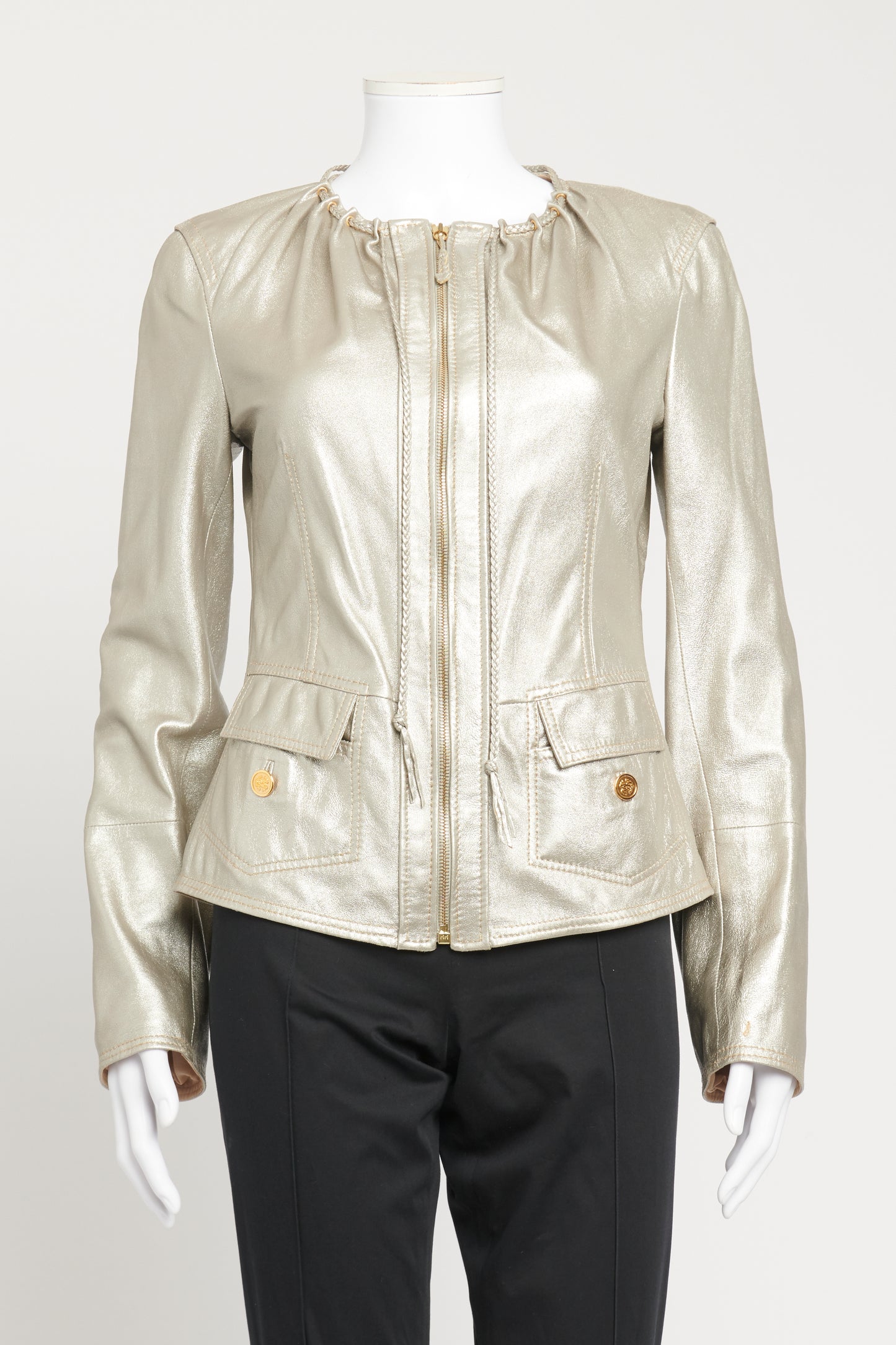 Metallic Preowned Leather Jacket With Rope Detail