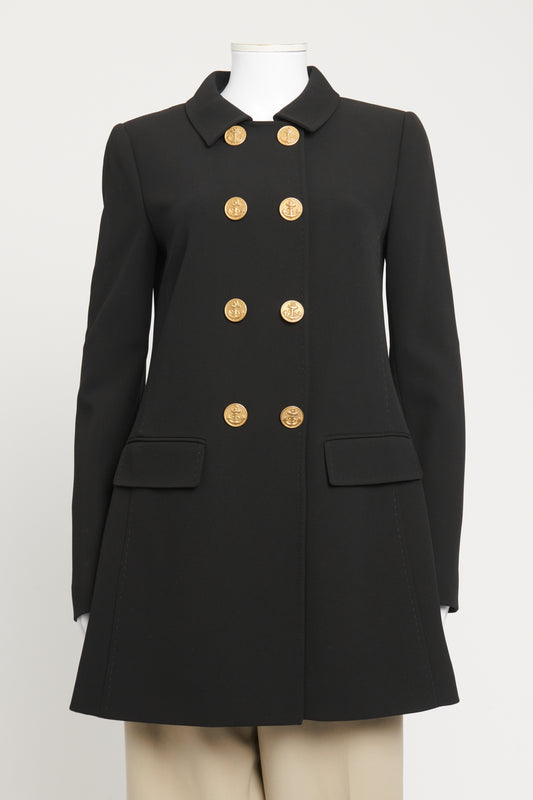Black Double-Breasted Preowned Coat With Polka Dots Print Lining