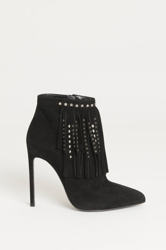 Black Suede Preowned Stiletto Boots With Fringes