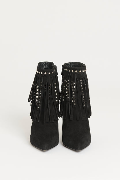 Black Suede Preowned Stiletto Boots With Fringes