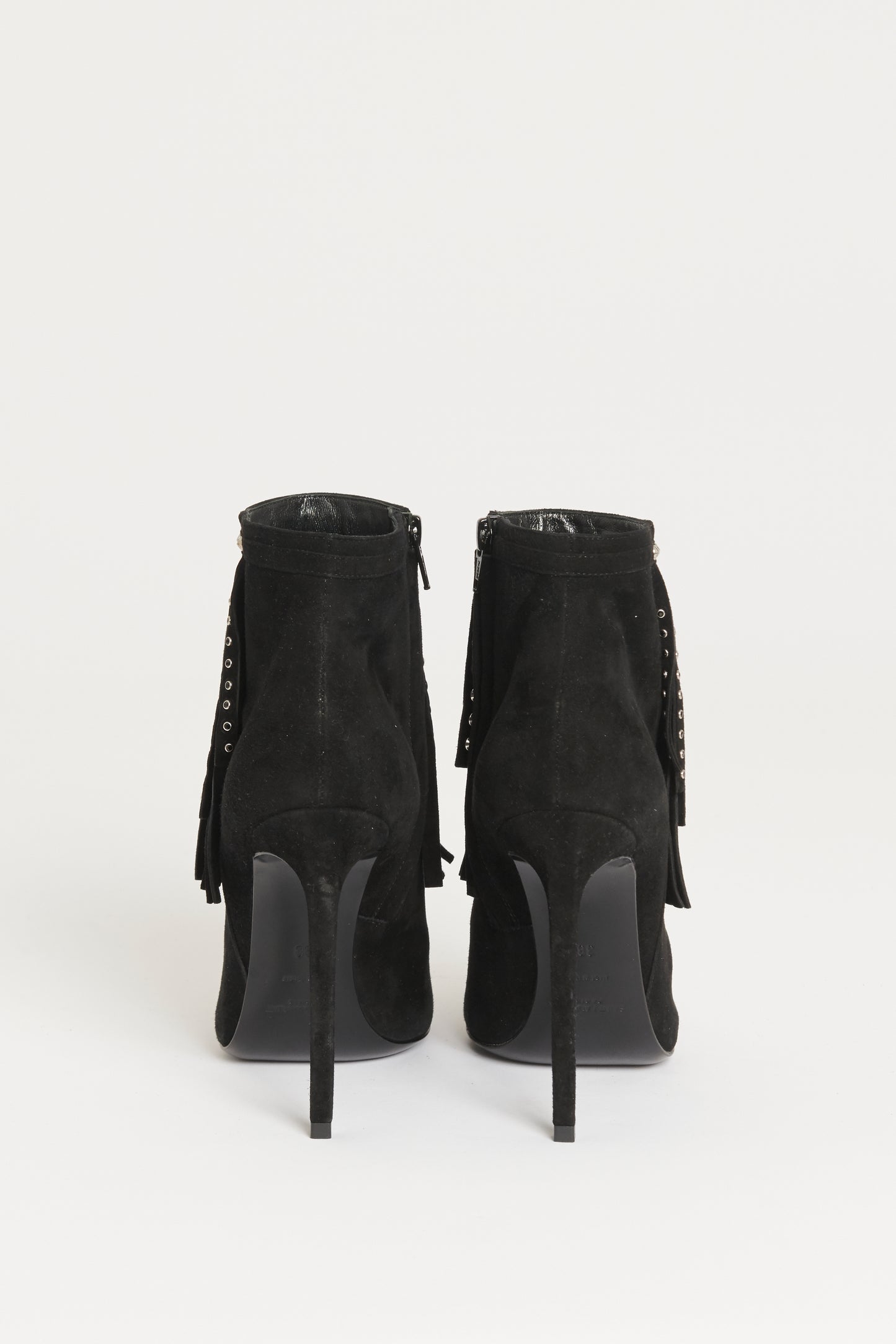 Black Suede Preowned Stiletto Boots With Fringes