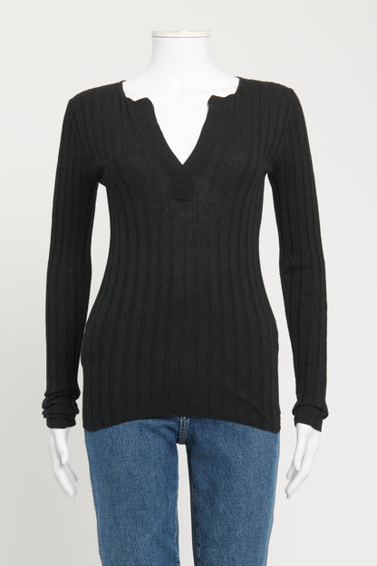 Black Wool Blend Preowned Knitted Top With Deep V Neck